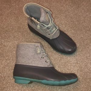 Blue and grey sperry boots